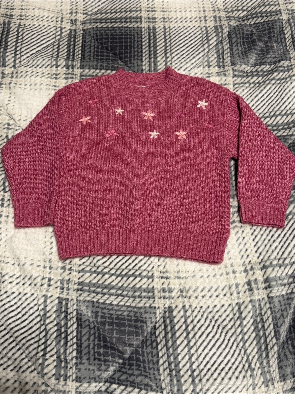 Girls Pink Flower Embroidered Crewneck Knit Sweater